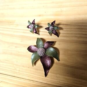 Satin-finish Purple & Green Brooch and Matching Earrings Set